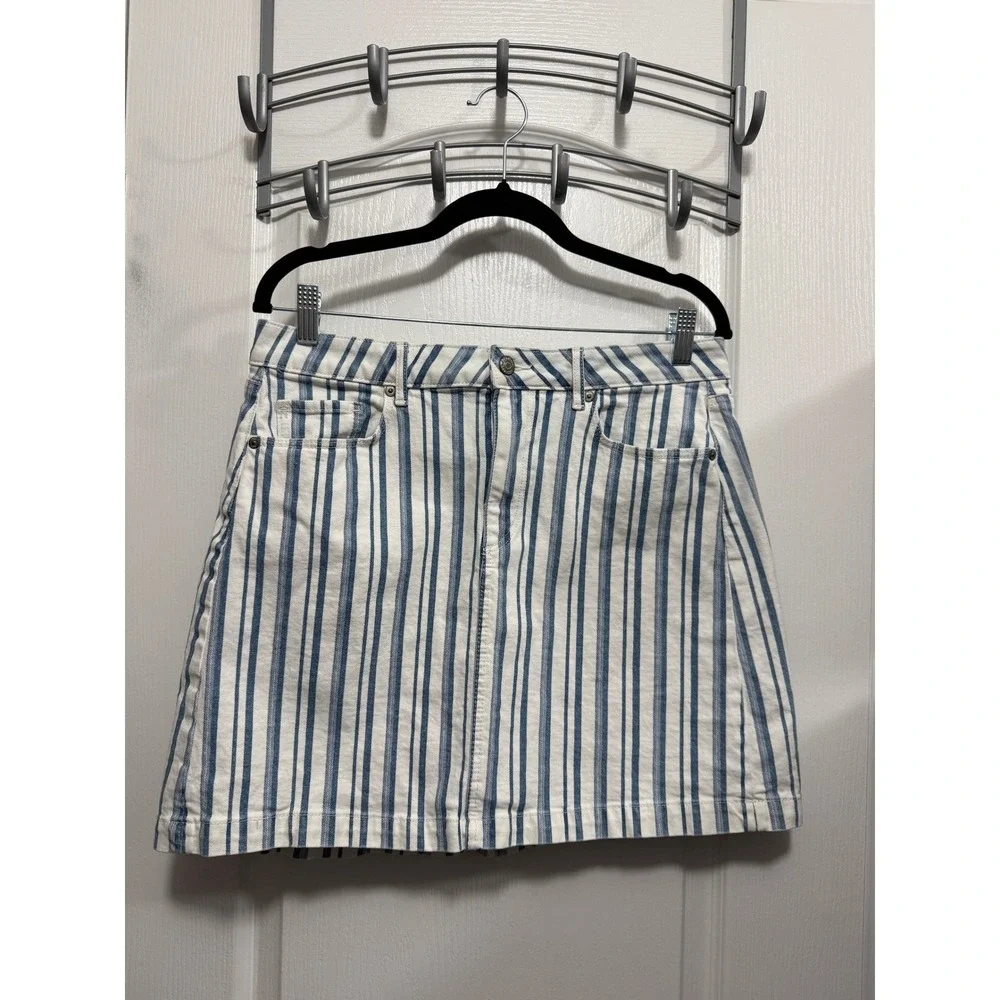 Loft Blue White Striped Denim Mini Skirt Womens 12 Cotton‎ Stretch coastal
